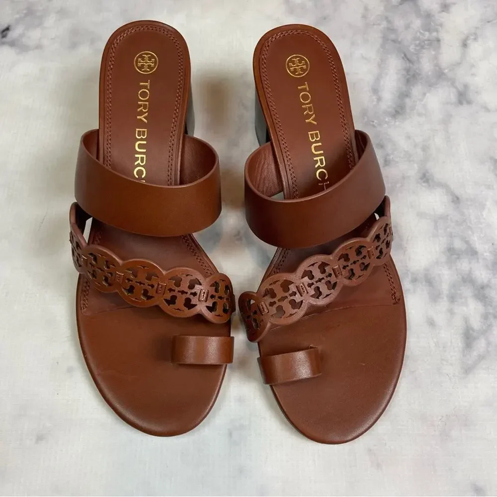 Tory Burch Tiny Miller Toe Ring Laser Cut Sandals Block Heel Slides NWOB Sz 10